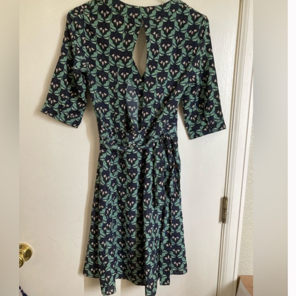 Ethereal Paper Crane Backless Dress Three Quarter Sleeves Blue Green Floral Sz L - Picture 10 of 11